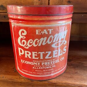 Vintage 1960's Eat Economy Pretzels Red & White Tin Can Allentown PA HE 4-5543